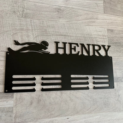 Custom Swimming Medal Holder,  Personalized Butterfly Swim Awards Display Hanger, Male Silhouette