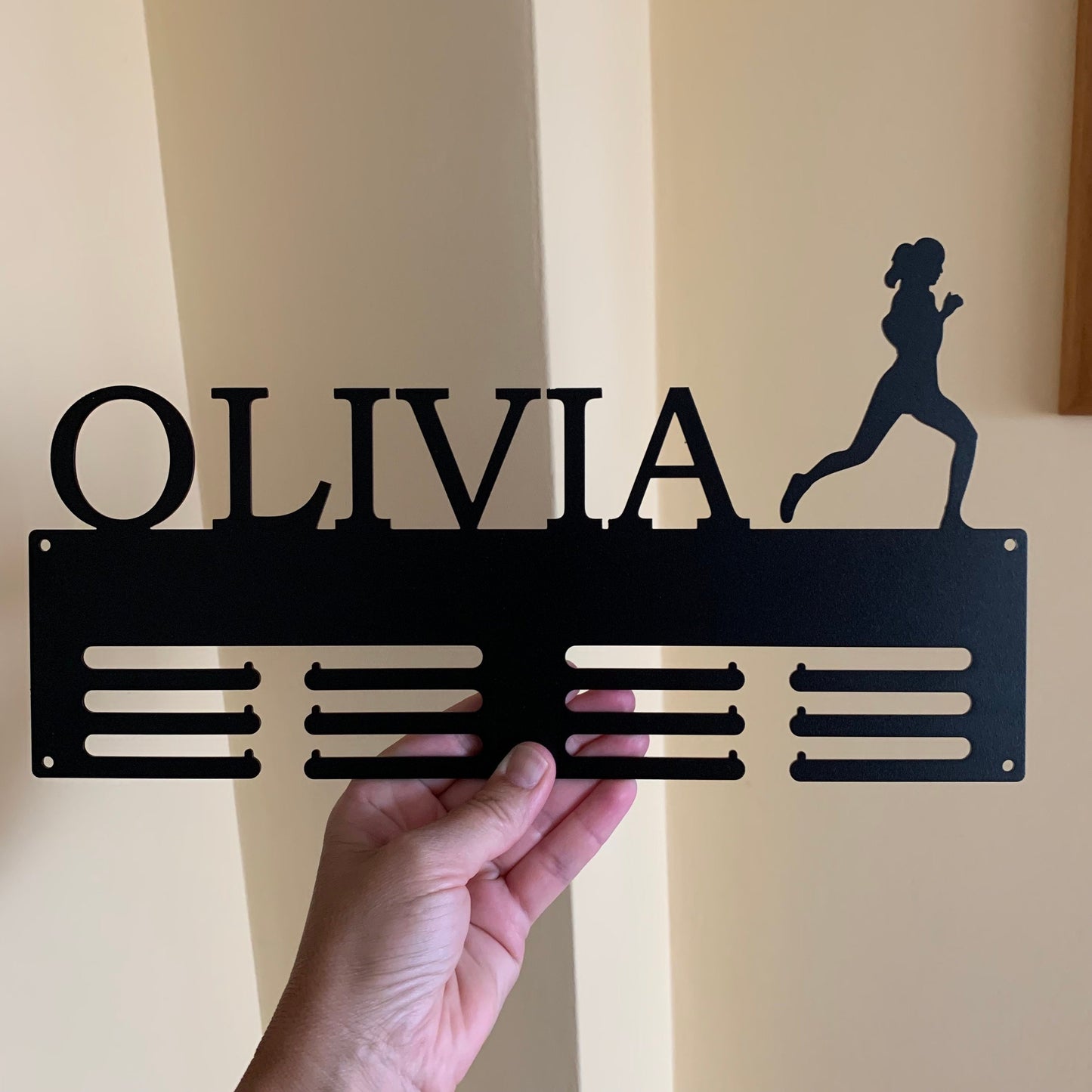 Custom Running Medal Holder - Personalized Name Display Rack for Sports Awards - Female Silhouette