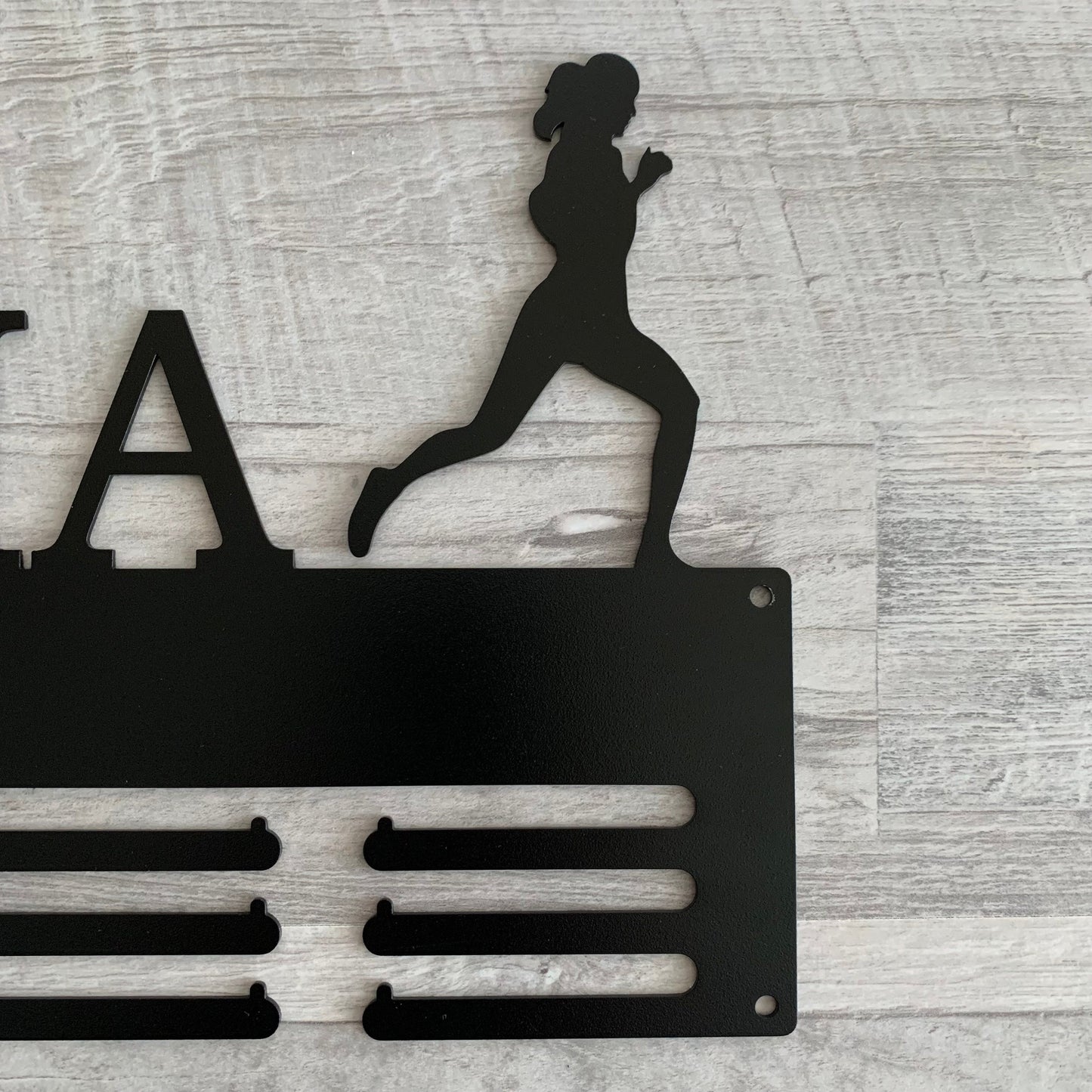 Custom Running Medal Holder - Personalized Name Display Rack for Sports Awards - Female Silhouette
