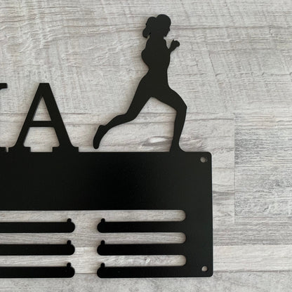 Custom Running Medal Holder - Personalized Name Display Rack for Sports Awards - Female Silhouette