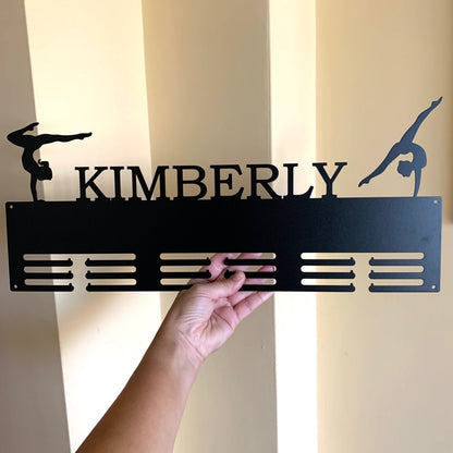 Personalized Gymnastics Medal Holder with Custom Name - Metal Display Rack - 2 Female Figures