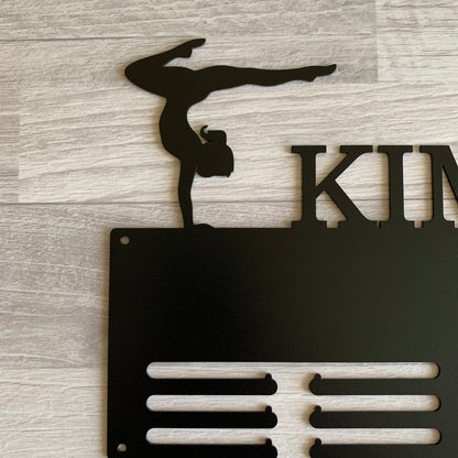 Personalized Gymnastics Medal Holder with Custom Name - Metal Display Rack - 2 Female Figures