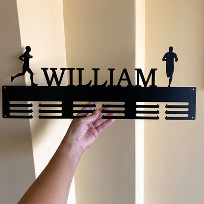 Personalized Running Medal Holder, Sports Display Rack with Name, 2 Male Runners, Custom Design