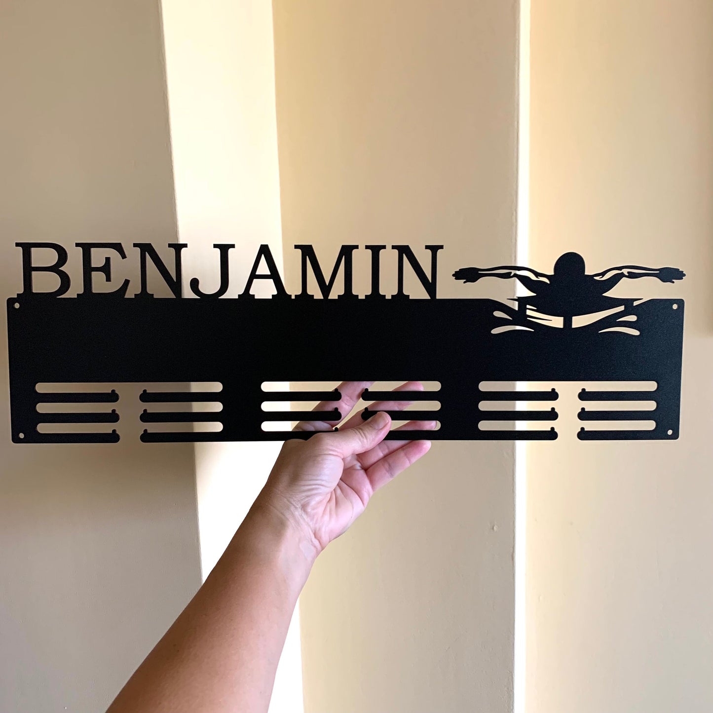 Personalized Swimming Medal Holder with Butterfly Stroke design, Metal Awards Rack for Male Swimmers
