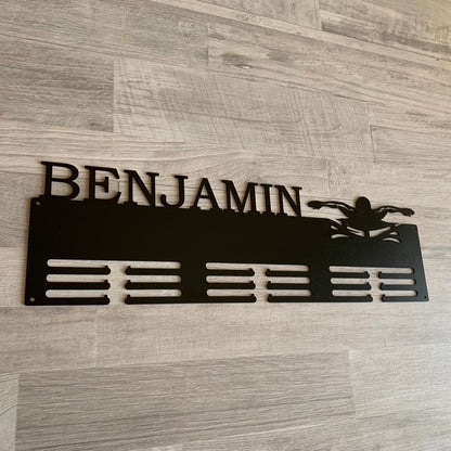 Personalized Swimming Medal Holder with Butterfly Stroke design, Metal Awards Rack for Male Swimmers