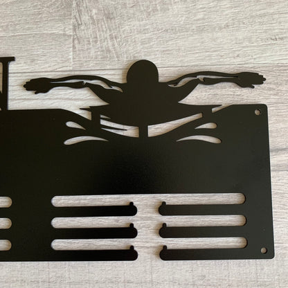 Personalized Swimming Medal Holder with Butterfly Stroke design, Metal Awards Rack for Male Swimmers