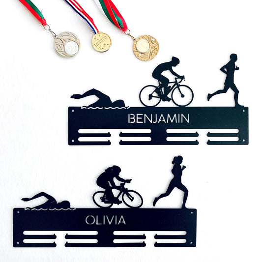 Personalized Triathlon Medal Holder Race Bib Display - Metal Rack Swim Bike Run Athlete Gift