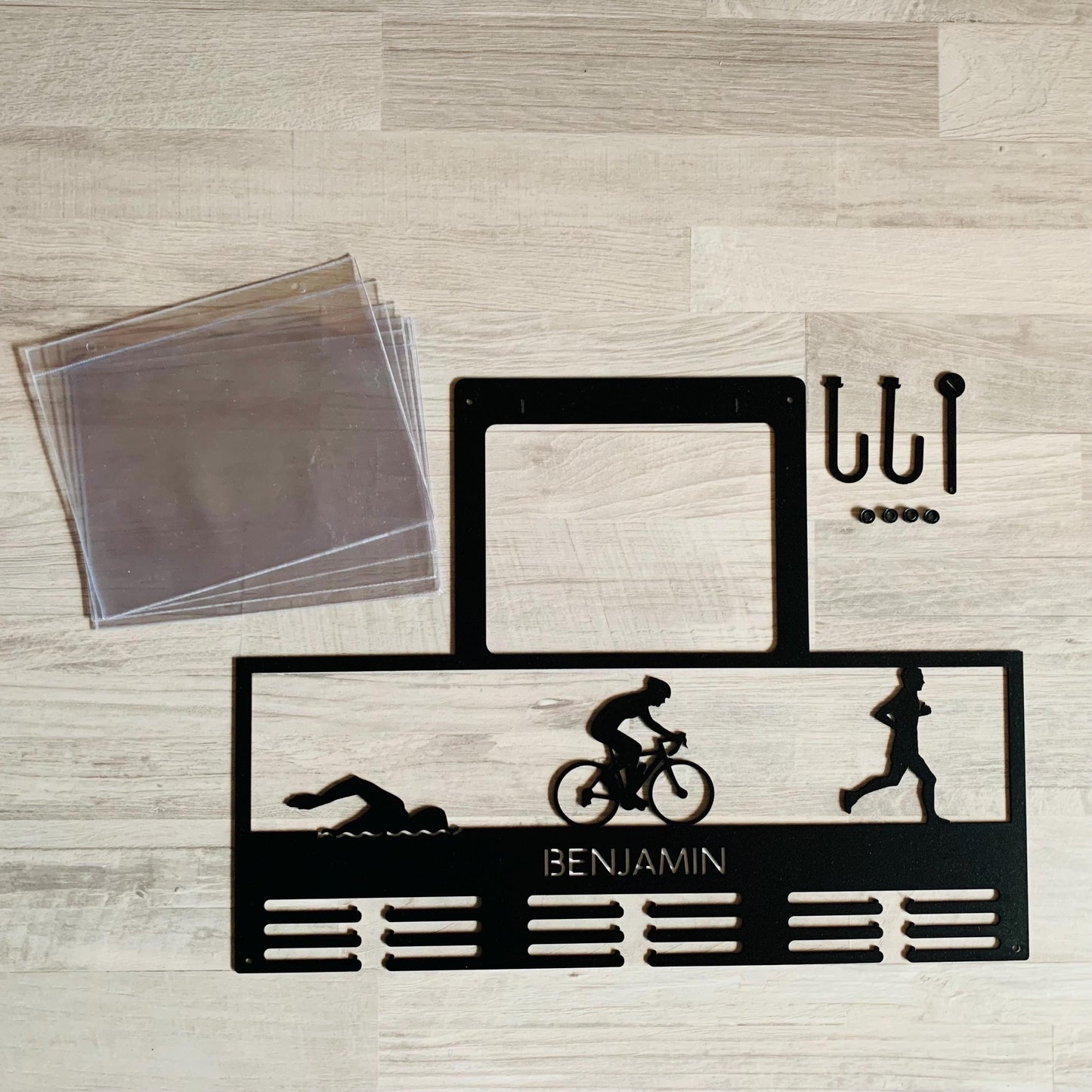 Personalized Triathlon Medal Holder with Custom Name - Swim, Bike, Run, and Race Numbers