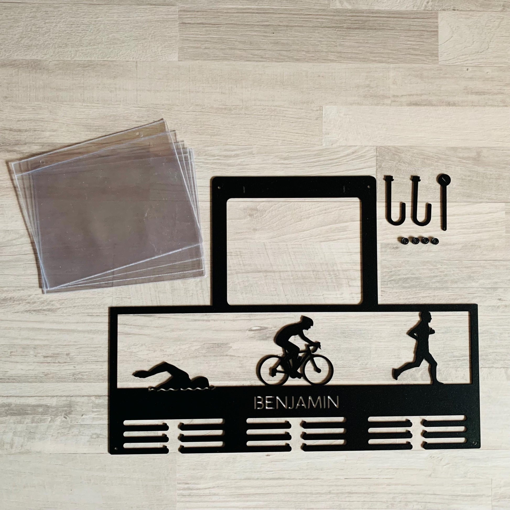 Personalized Triathlon Medal Holder with Custom Name - Swim, Bike, Run, and Race Numbers