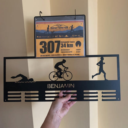 Personalized Triathlon Medal Holder with Custom Name - Swim, Bike, Run, and Race Numbers