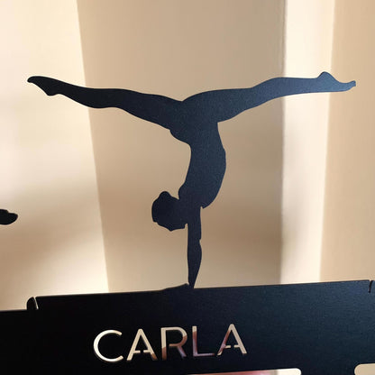 Gymnastics Medal Holder with Custom Name - Personalized Metal Display Rack - 3 Female Figures