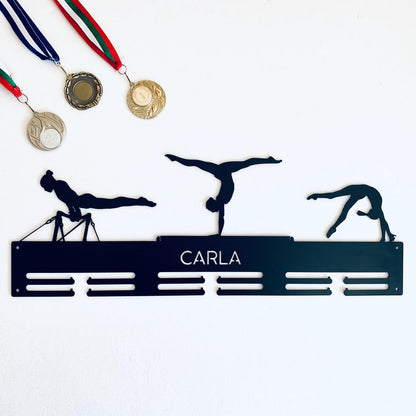 Gymnastics Medal Holder with Custom Name - Personalized Metal Display Rack - 3 Female Figures