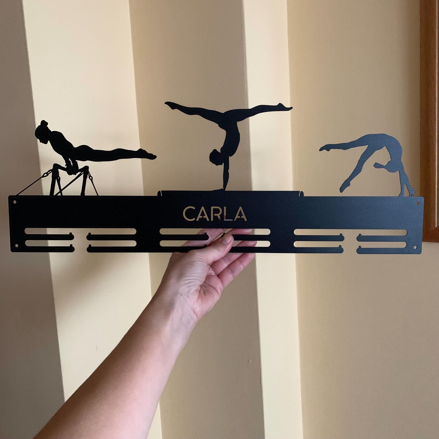Gymnastics Medal Holder with Custom Name - Personalized Metal Display Rack - 3 Female Figures
