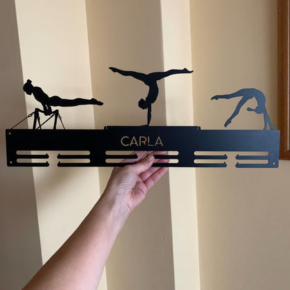 Gymnastics Medal Holder with Custom Name - Personalized Metal Display Rack - 3 Female Figures