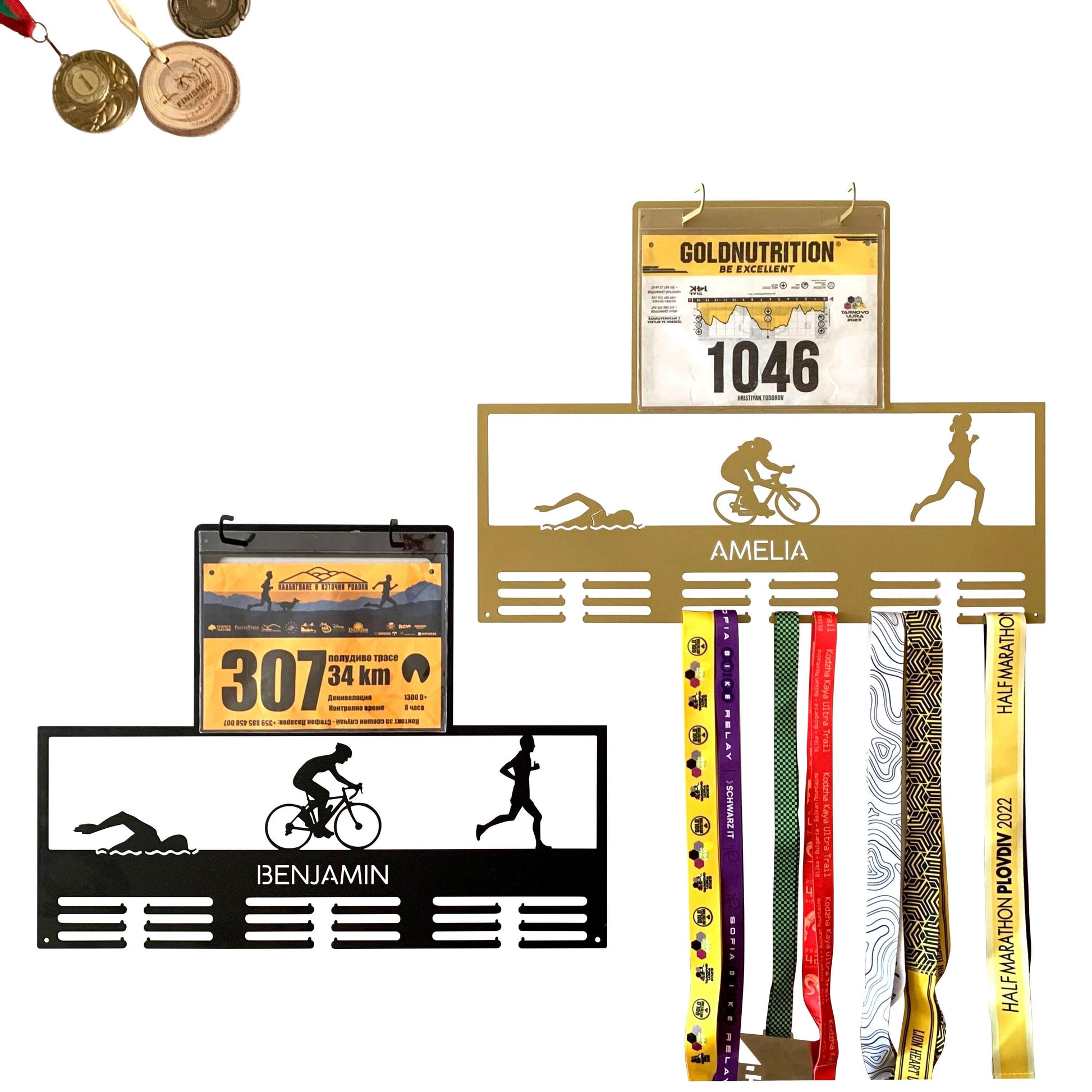 Personalized Triathlon Medal Holder with Custom Name - Swim, Bike, Run, and Race Numbers