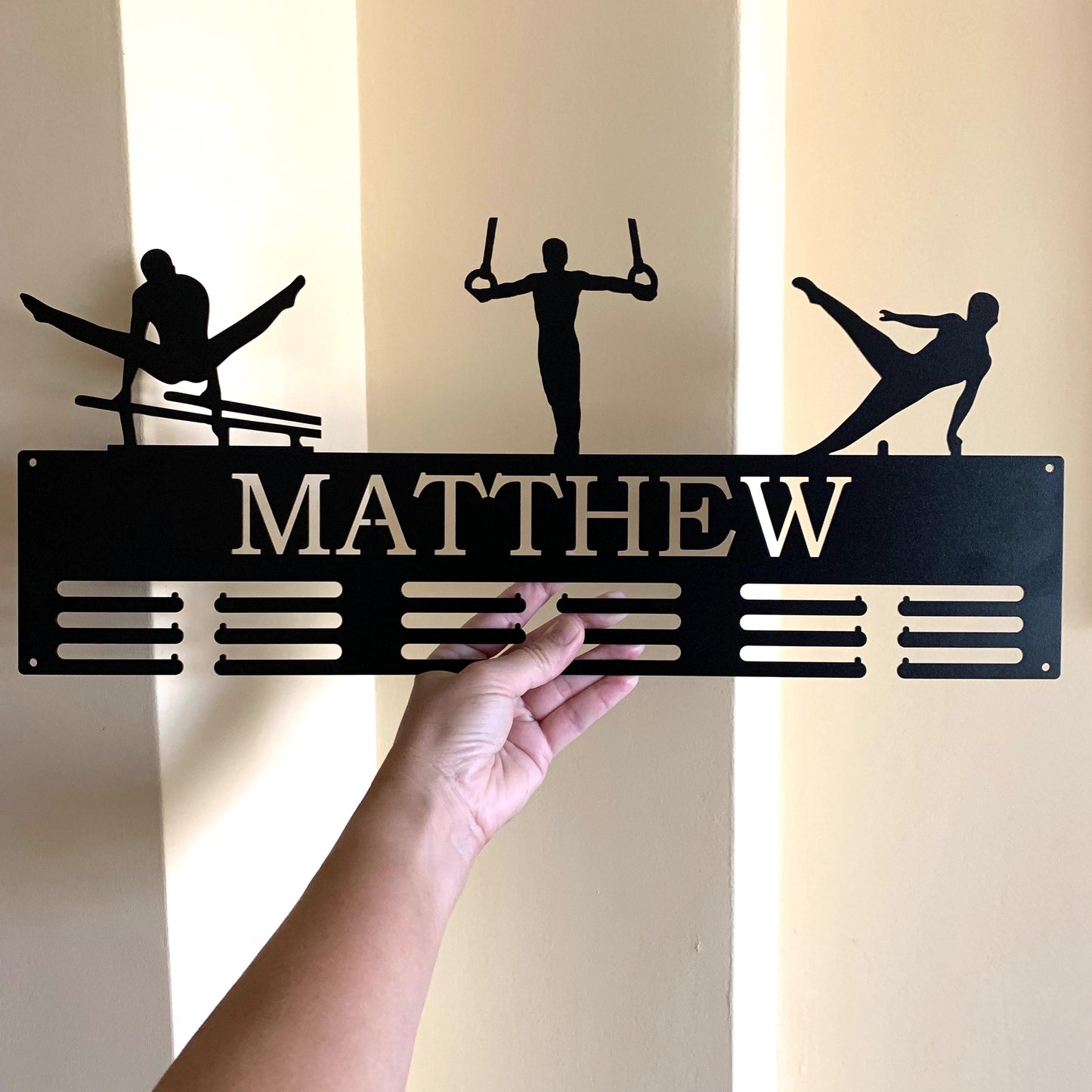 Gymnastics Medal Holder with Custom Name - Personalized Metal Display Rack - 3 Male Figures