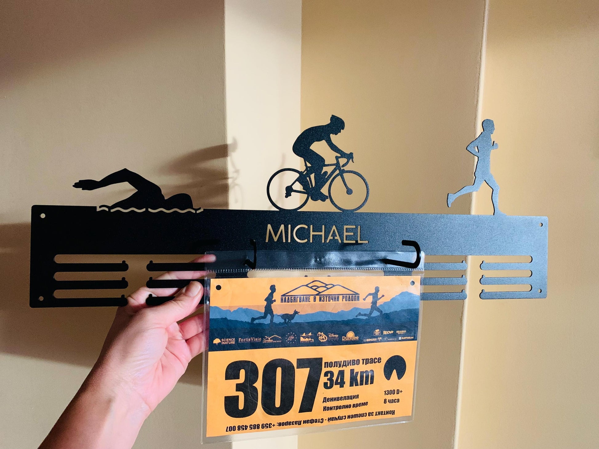 Personalized Triathlon Medal Holder | Race Bib Metal Hanger | Custom Name Display Rack for Awards