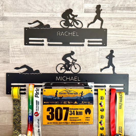 Personalized Triathlon Medal Holder | Race Bib Metal Hanger | Custom Name Display Rack for Awards