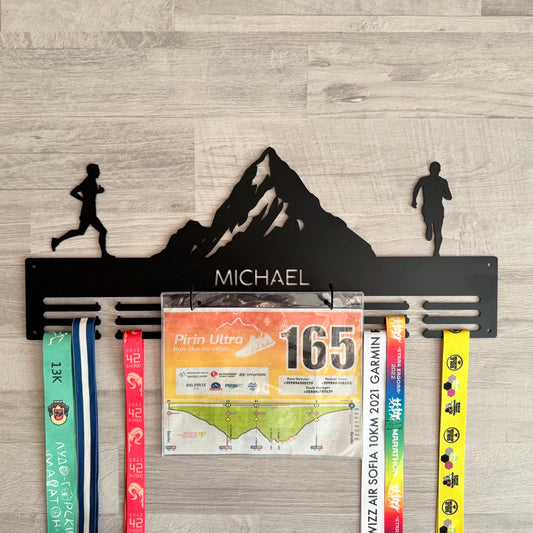 Personalized Metal Mountain Medal Holder with Race Bib Display, Running and Cycling Athlete Gift