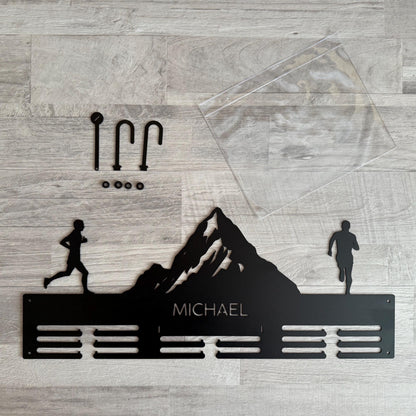 Personalized Metal Mountain Medal Holder with Race Bib Display, Running and Cycling Athlete Gift