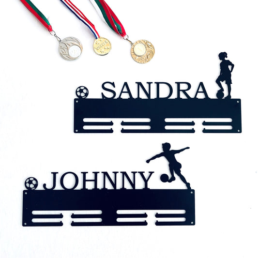 Kids Soccer Medal Holder with Name, Personalized Football Medal Display Rack, Boys, Girls Gift