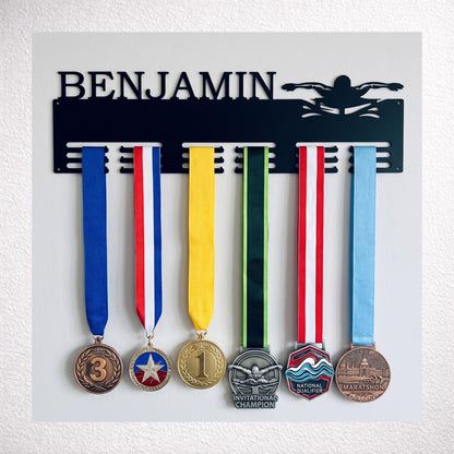Personalized Swimming Medal Holder with Butterfly Stroke design, Metal Awards Rack for Male Swimmers