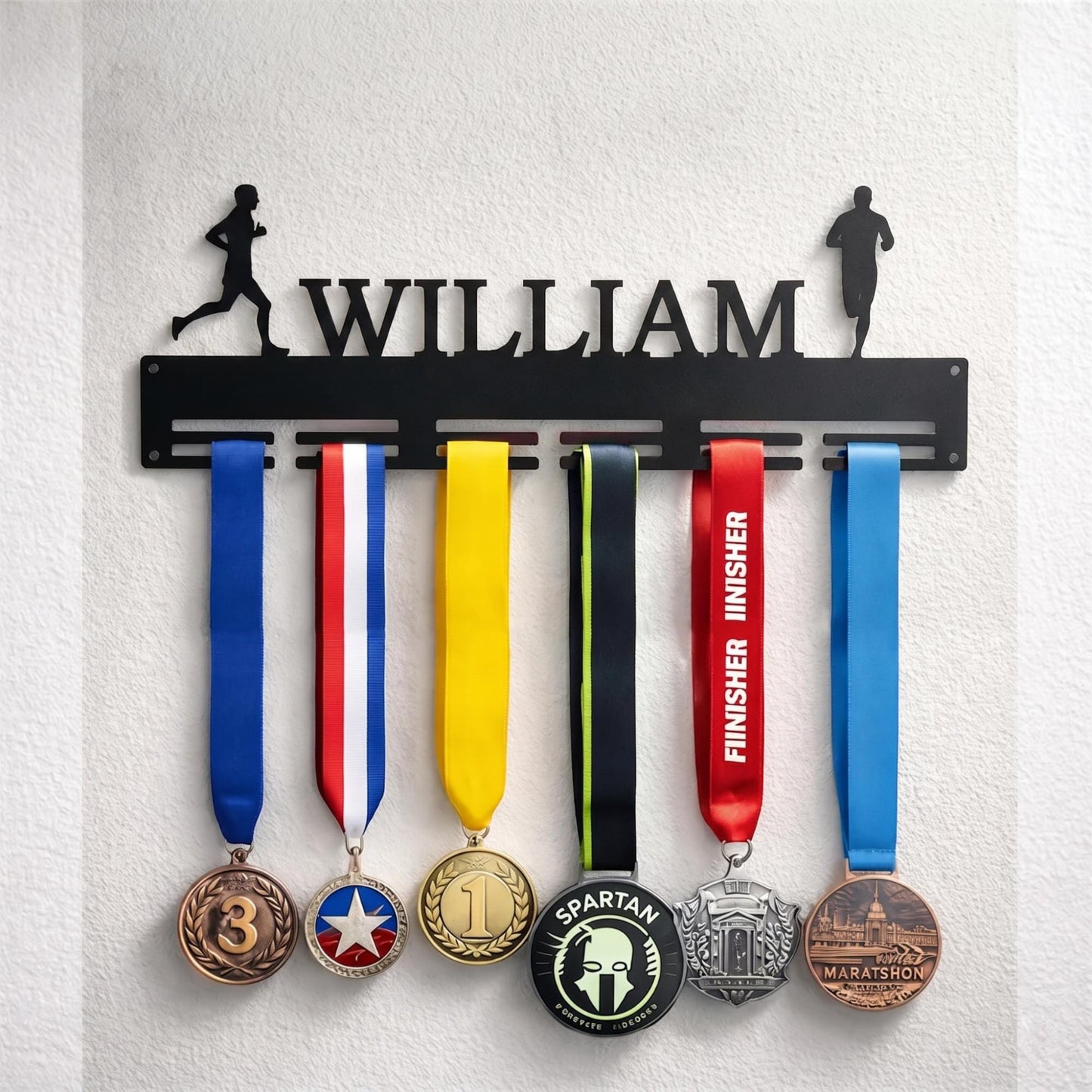 Personalized Running Medal Holder, Sports Display Rack with Name, 2 Male Runners, Custom Design