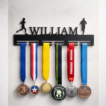 Personalized Running Medal Holder, Sports Display Rack with Name, 2 Male Runners, Custom Design