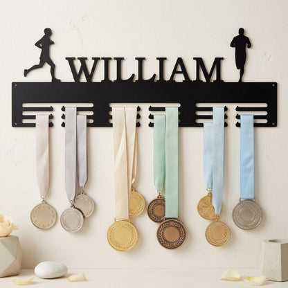 Personalized Running Medal Holder, Sports Display Rack with Name, 2 Male Runners, Custom Design