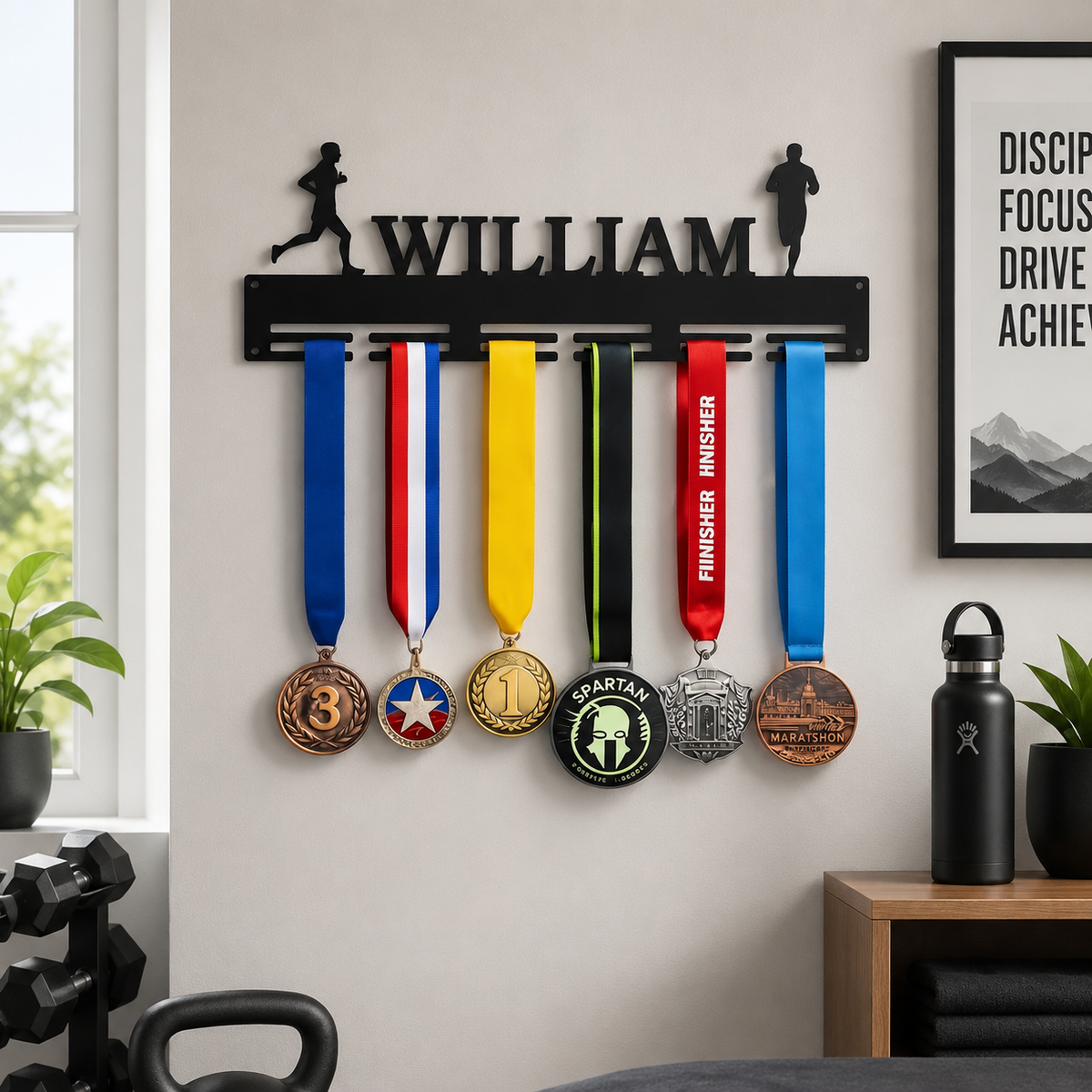 Personalized Running Medal Holder — Custom Name & Twin Runner Figures — Compact (14", 2–5 rows)