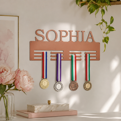 Personalized Medal Holder — Custom Name Metal Display Rack — Compact (14", 2–5 rows)