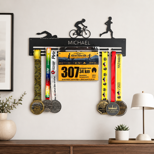 Personalized Triathlon Medal Holder — Swim · Bike · Run Classic Bar