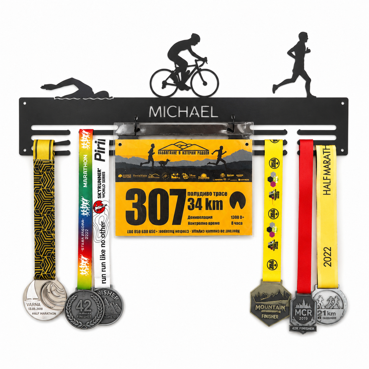 Personalized Triathlon Medal Holder — Swim · Bike · Run Classic Bar — Large (20", 2–5 rows)