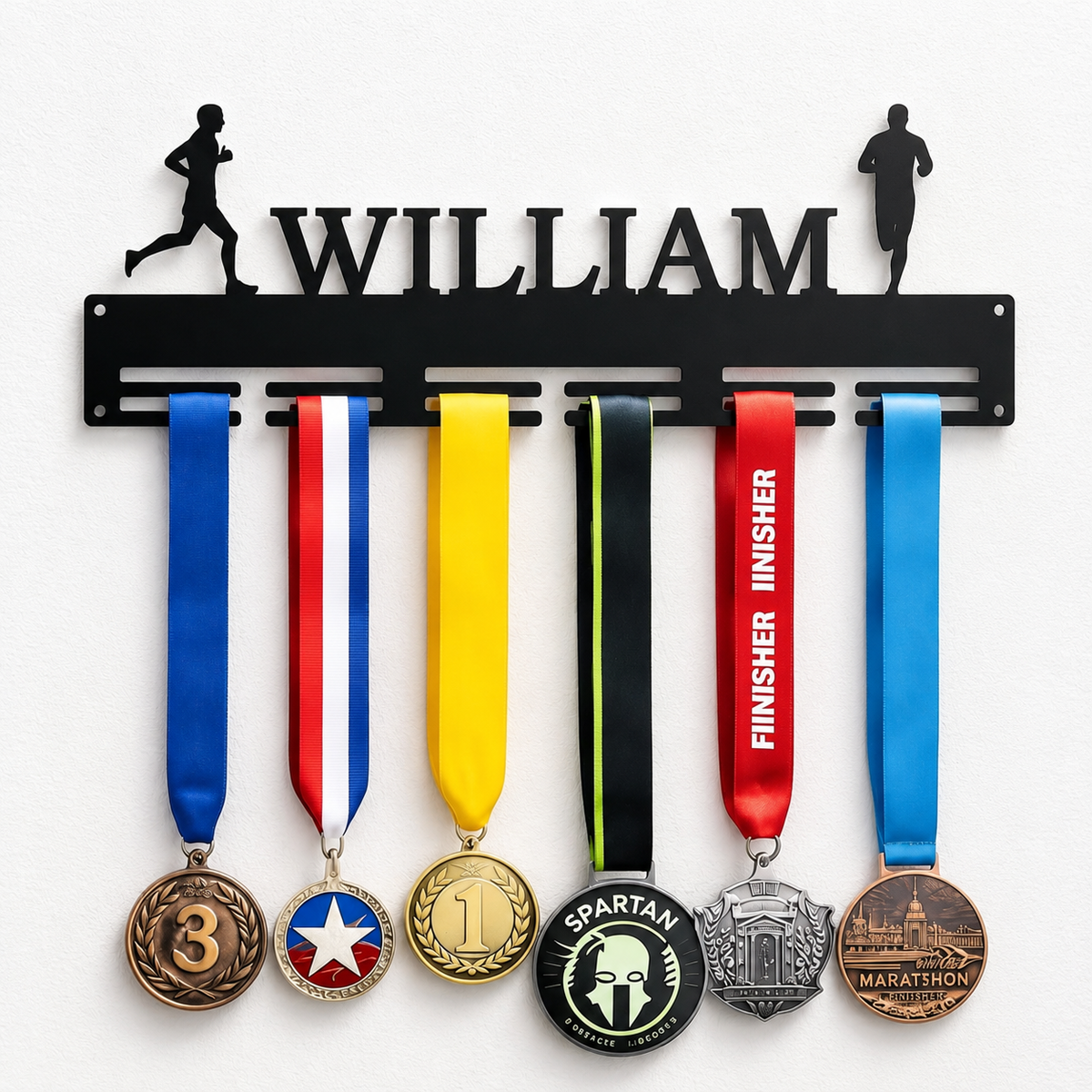 Personalized Running Medal Holder — Custom Name & Twin Runner Figures — Compact (14", 2–5 rows)