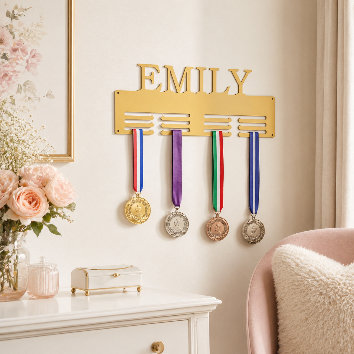 Personalized Medal Holder — Custom Name Metal Display Rack — Compact (14", 2–5 rows)