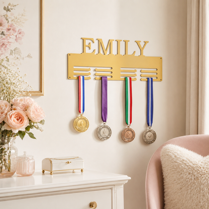 Personalized Medal Holder — Custom Name Metal Display Rack — Compact (14", 2–5 rows)