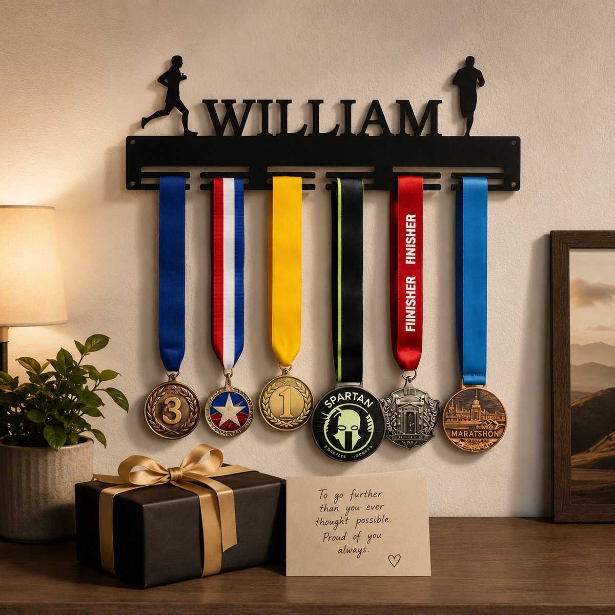 Personalized Running Medal Holder — Custom Name & Twin Runner Figures — Compact (14", 2–5 rows)