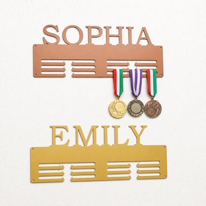 Personalized Medal Holder — Custom Name Metal Display Rack — Compact (14", 2–5 rows)