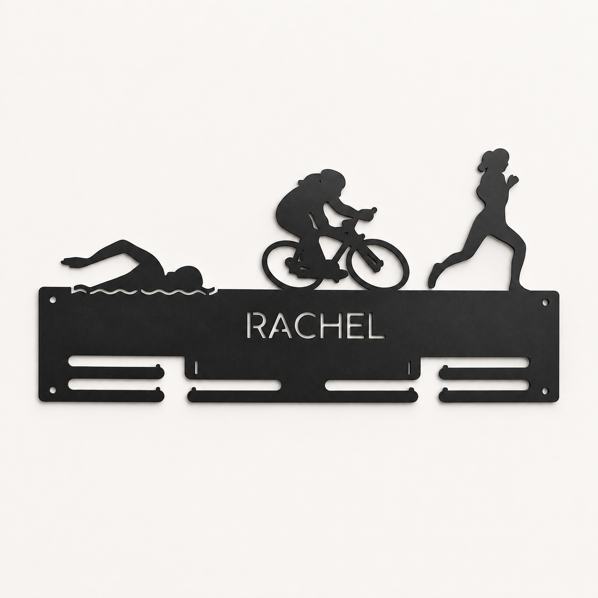 Personalized Triathlon Medal Holder — Swim · Bike · Run Classic Bar — Large (20", 2–5 rows)