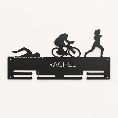 Personalized Triathlon Medal Holder — Swim · Bike · Run Classic Bar — Large (20", 2–5 rows)