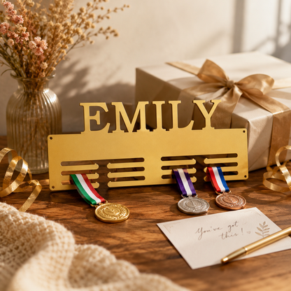Personalized Medal Holder — Custom Name Metal Display Rack — Compact (14", 2–5 rows)